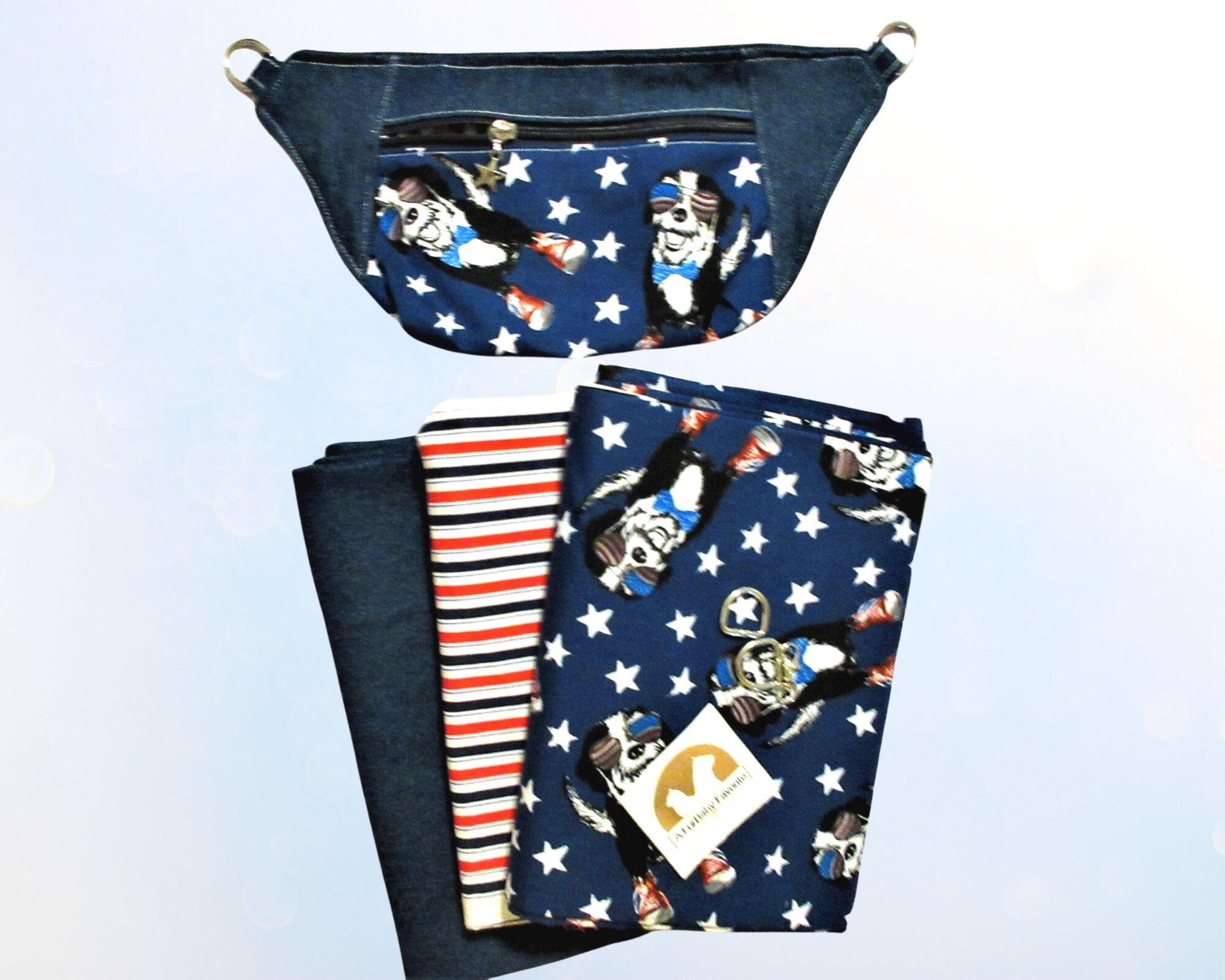 Fabric we used for the hipster americana Rock Star Dog Fanny Pack for men or women Adjustable strap with Red white and blue lining bum bag
