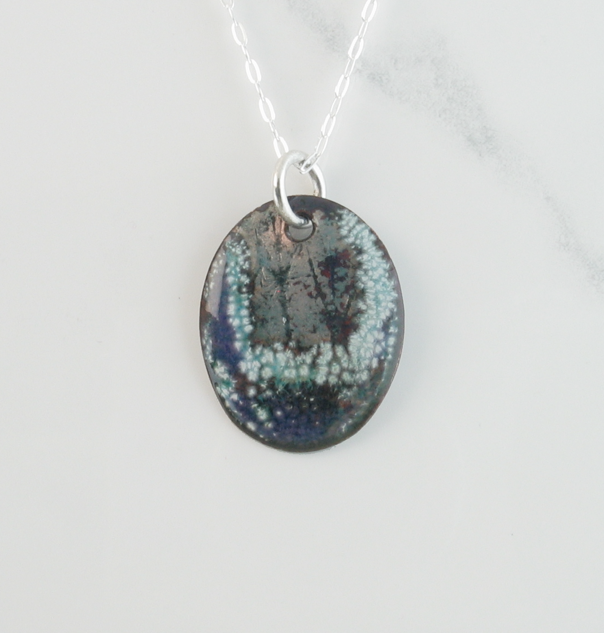 Queen Anne's Lace-Impressed and Hand Painted Enamel Copper Pendant Necklace with 18" 925 Sterling Silver Cable Chain