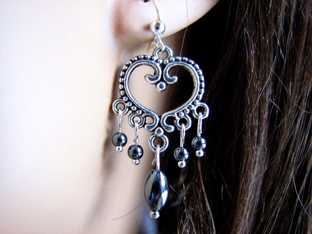 Stunning grey hematite stone with antiqued filagree heart earrings