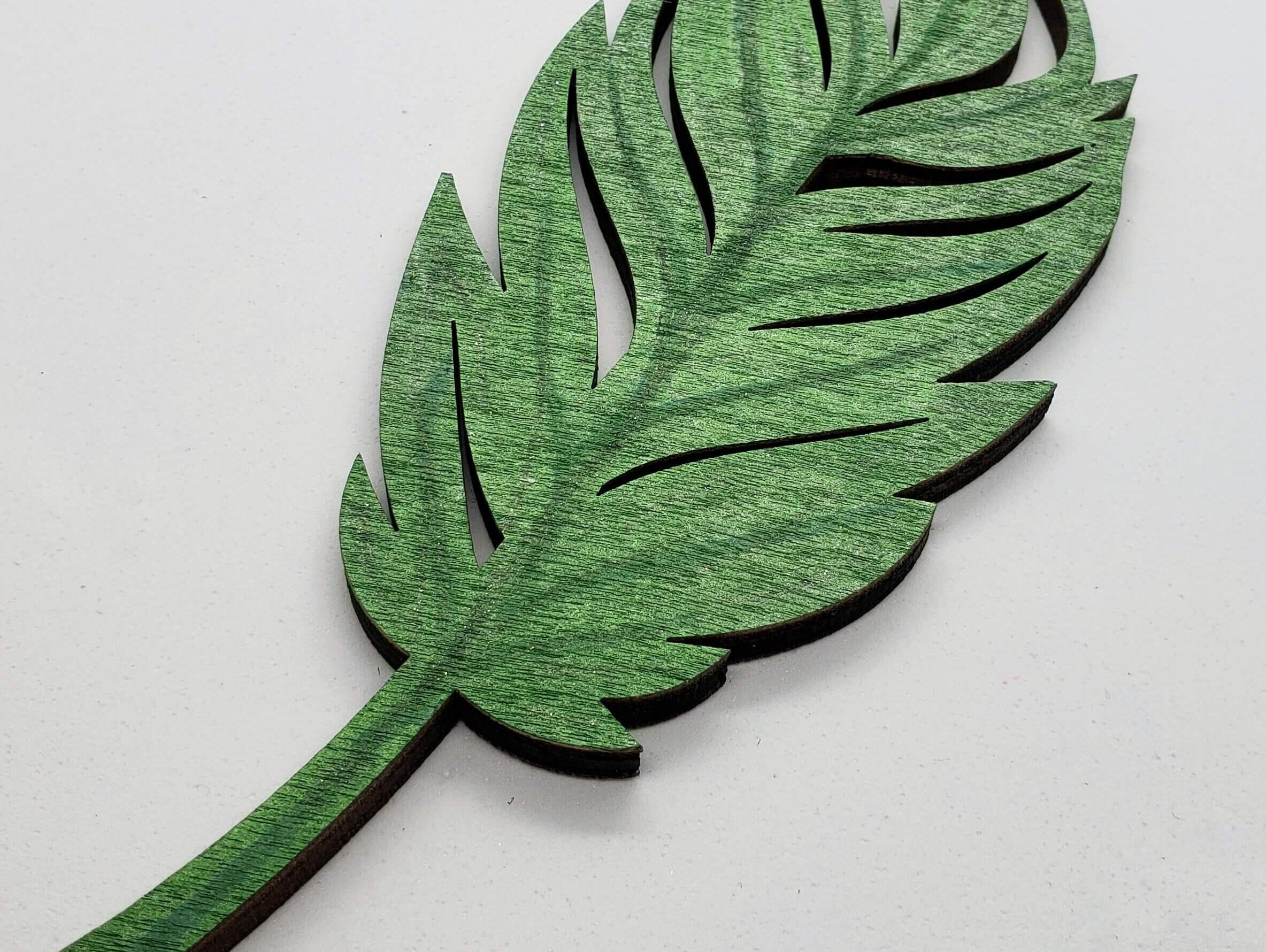 Green Hand painted wooden feather magnet