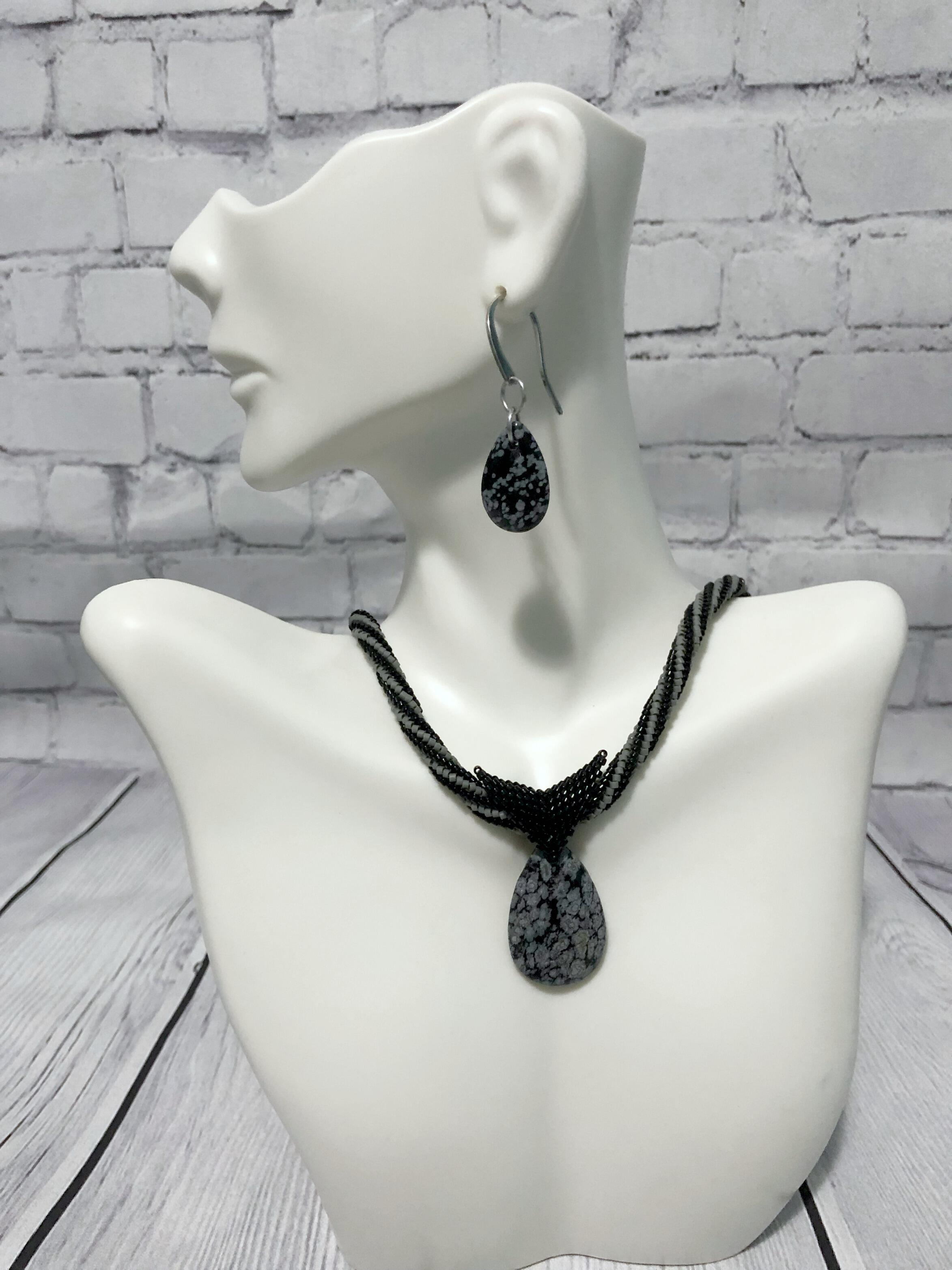 Shops Snowflake Obsidian Black Stone Brooch Pin, earrings. Set.