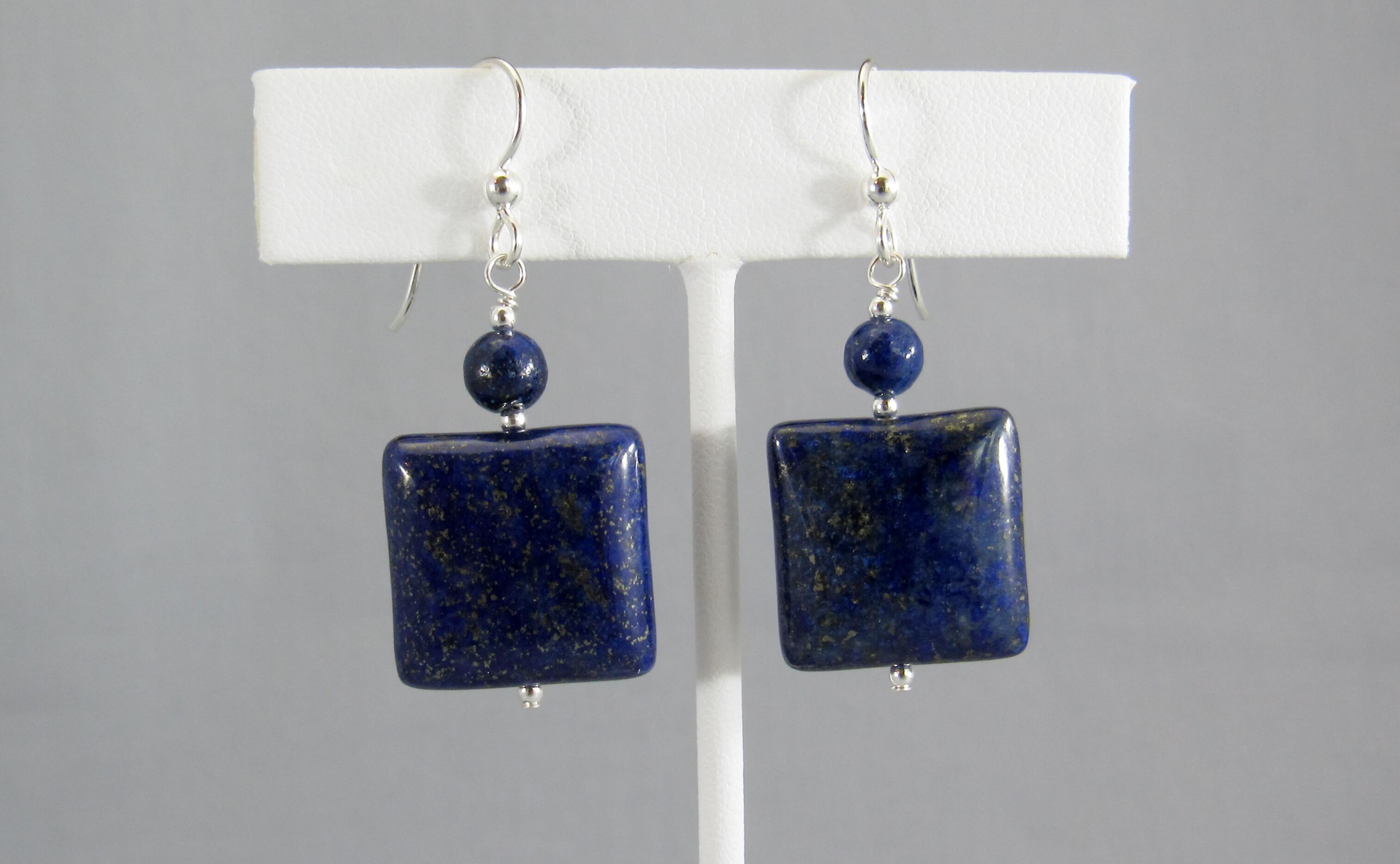 Gemstone Blue Lapis Lazuli Sterling Silver Bead Drop Dangle Earrings  E2102 