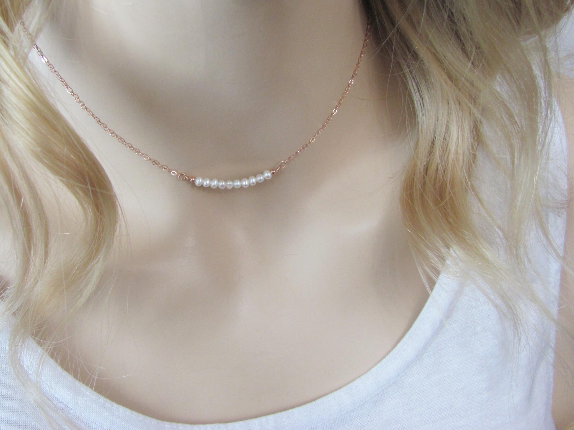 Tiny Beaded Bar Necklace with Freshwater Pearls