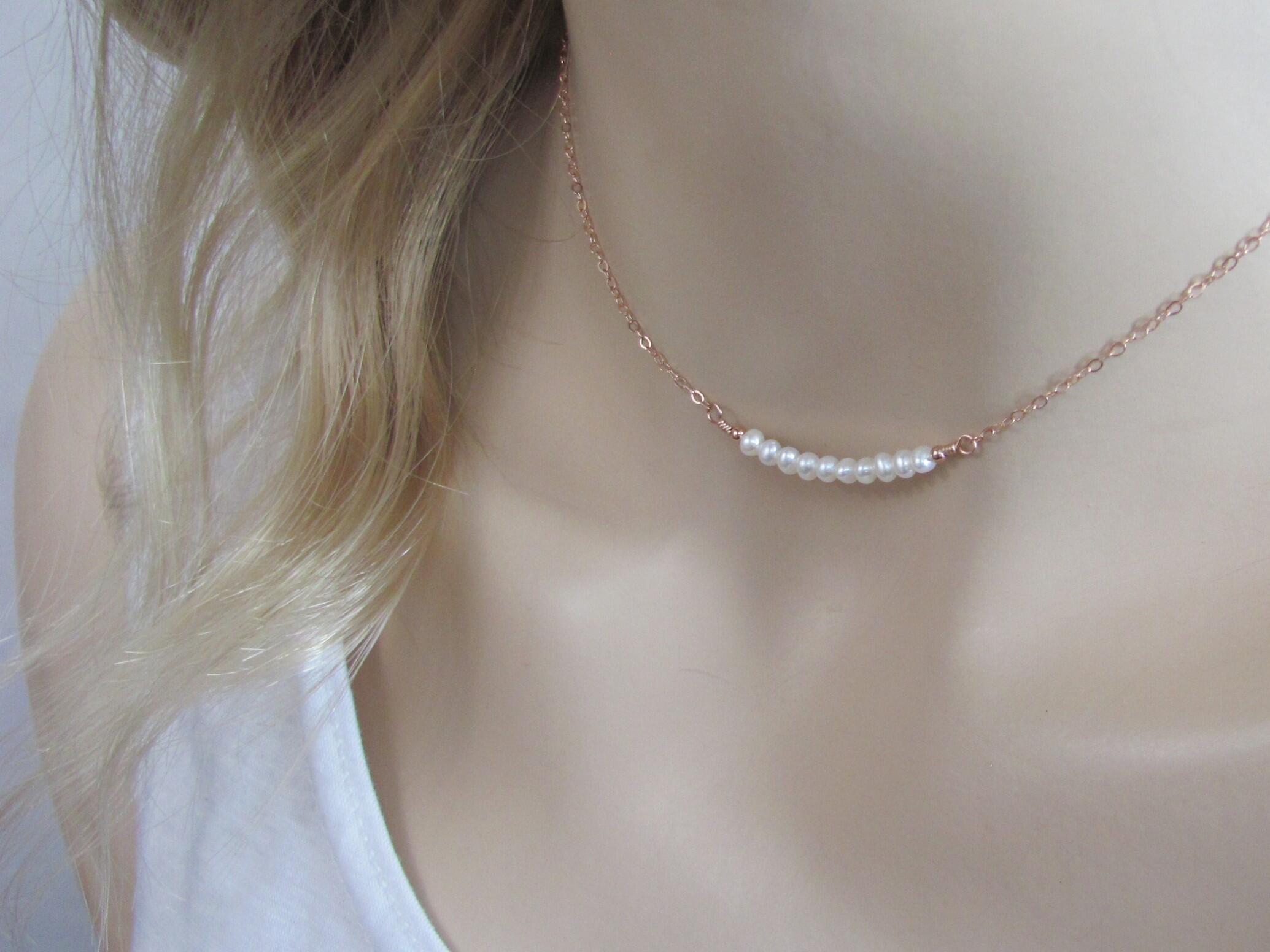 Tiny Beaded Bar Necklace with Freshwater Pearls