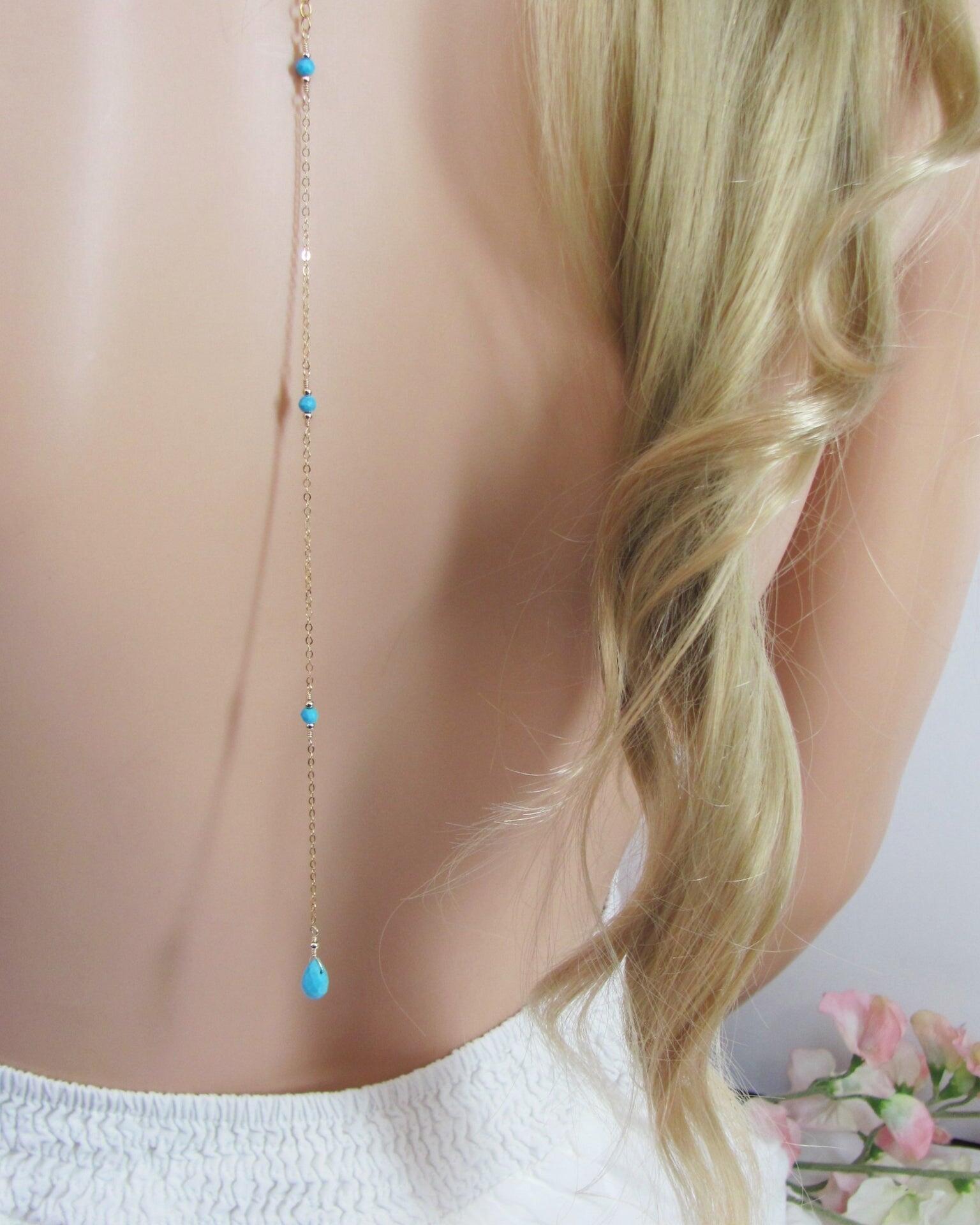 Bridal Backdrop Necklace with Turquoise Gemstones