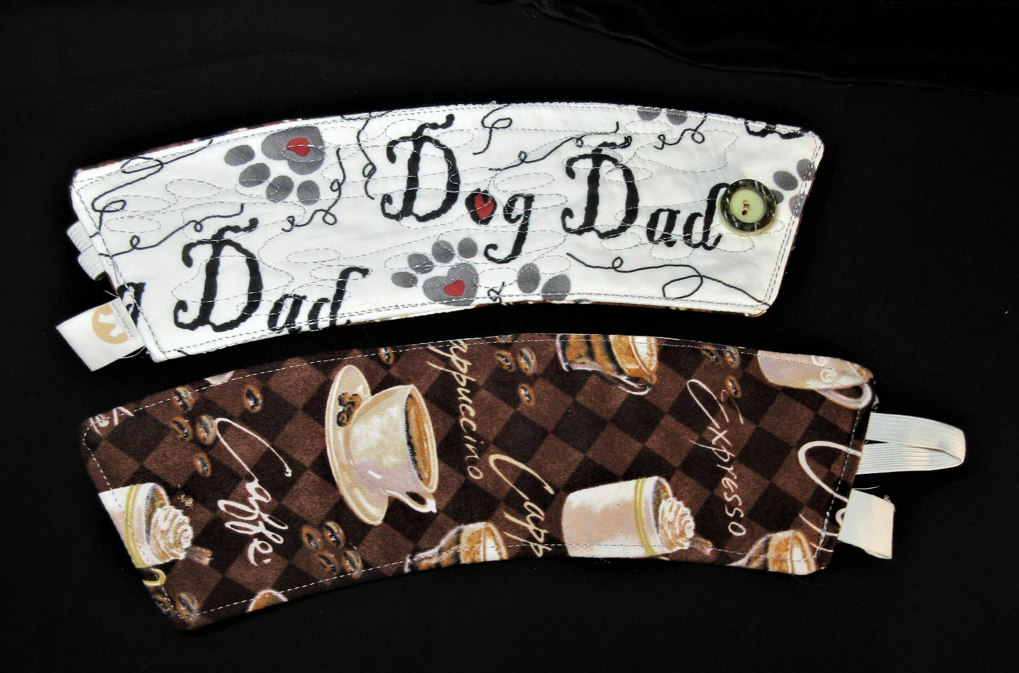 Dog Dad beverage sleeve adjustable and quilted with paw prints