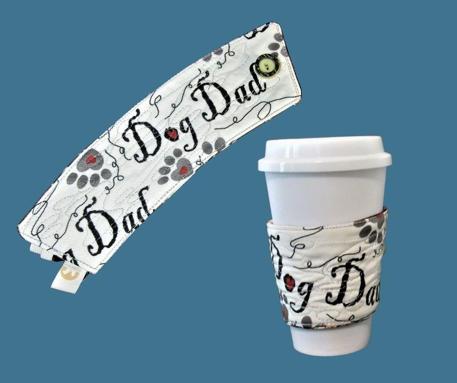 Dog Dad beverage sleeve adjustable and quilted with paw prints