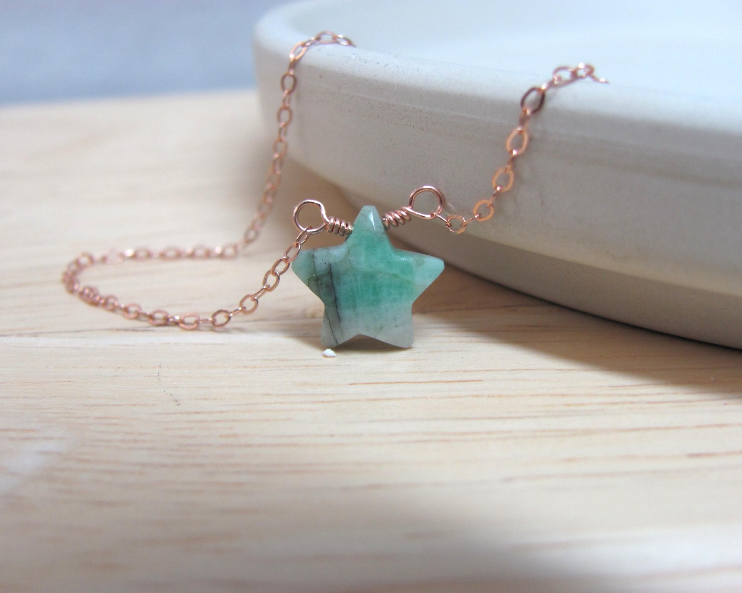 Celestial Star Necklace with Raw Emerald Gemstones