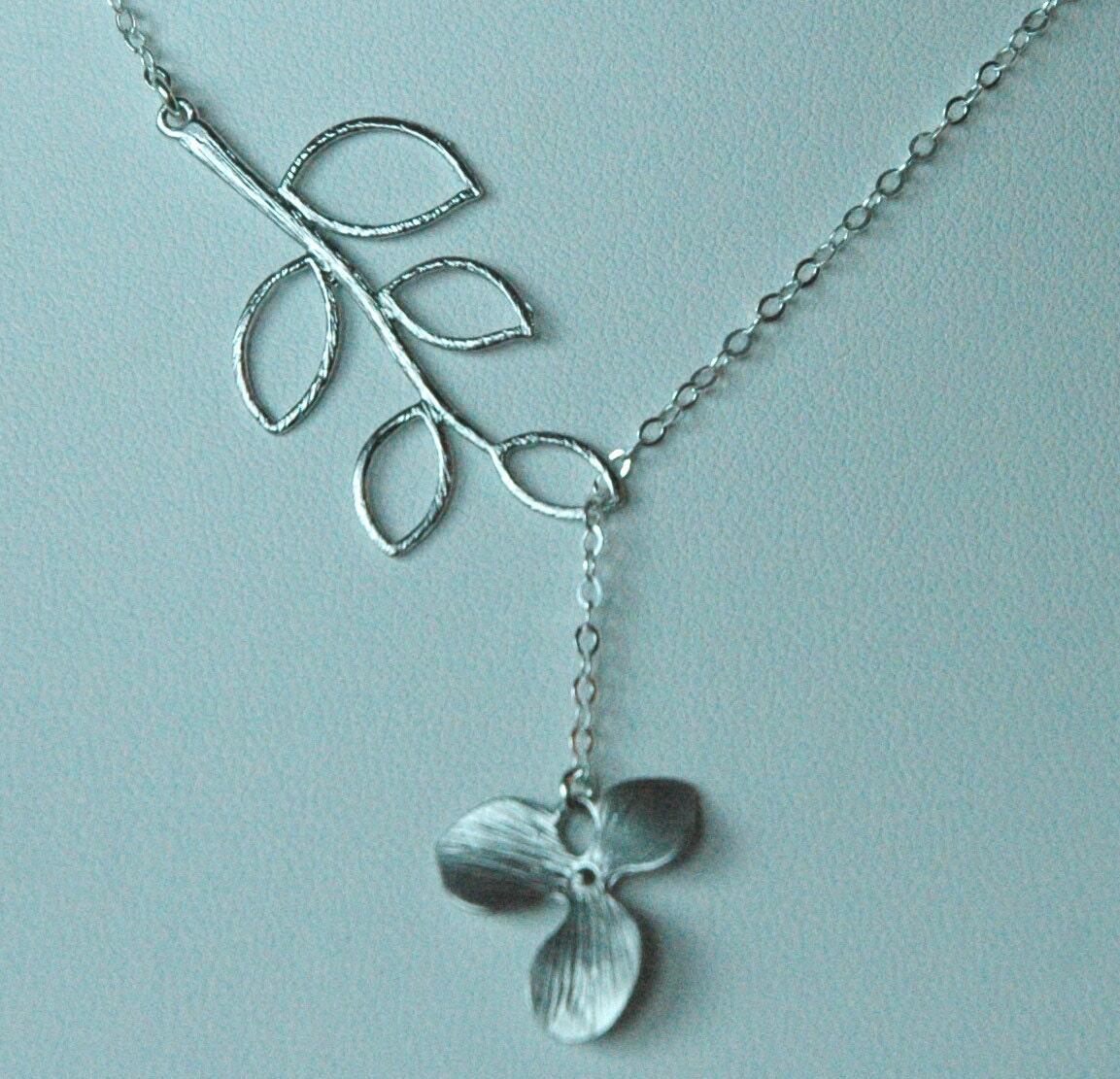 Lariat Orchid necklace - personalized silver orchid necklace with pearl - flower necklace - Bridal Jewelry - Mother top Necklace