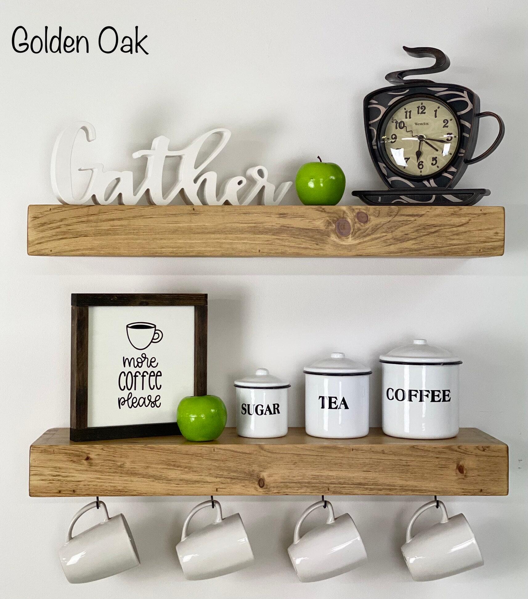 Products Coffee Bar Shelf Set of 2 Floating Shelves with Coffee Mug Hooks