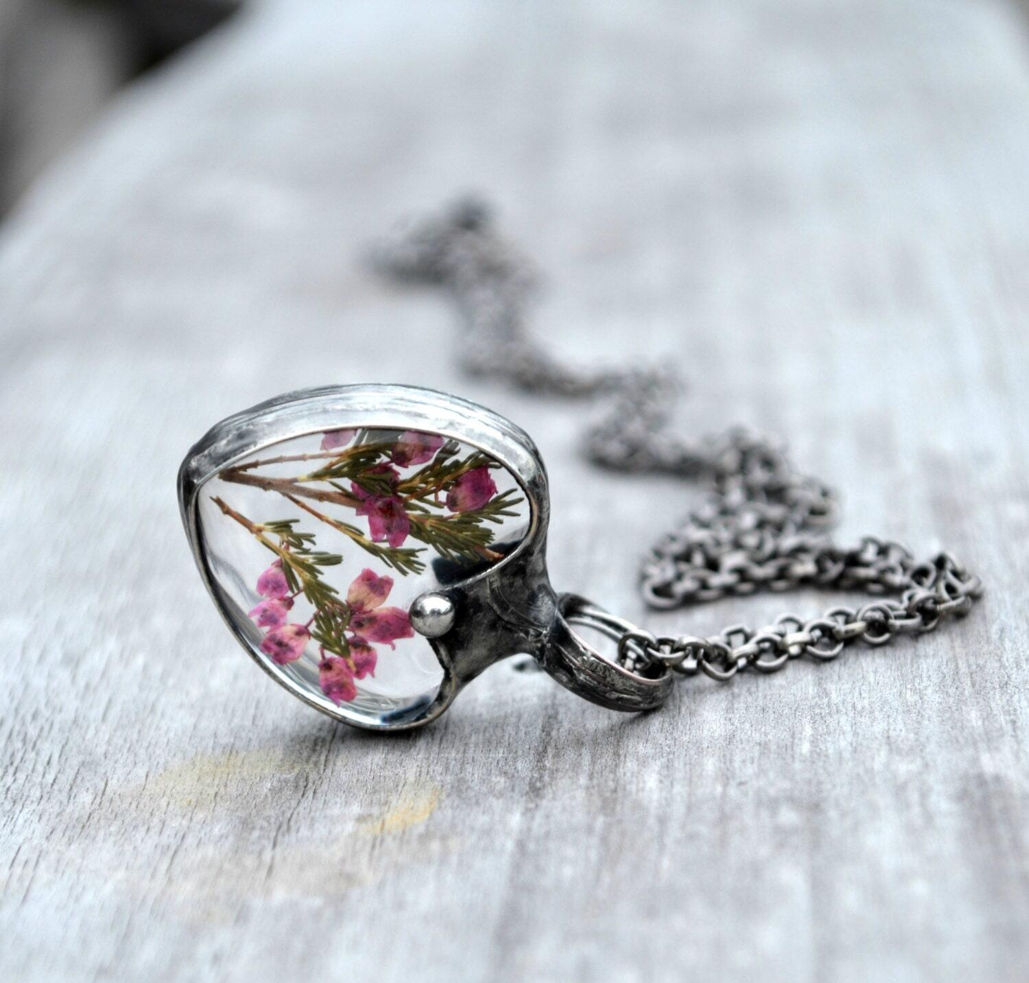 Pressed Flower Necklace - Real Dried Scottish Heather Pendant