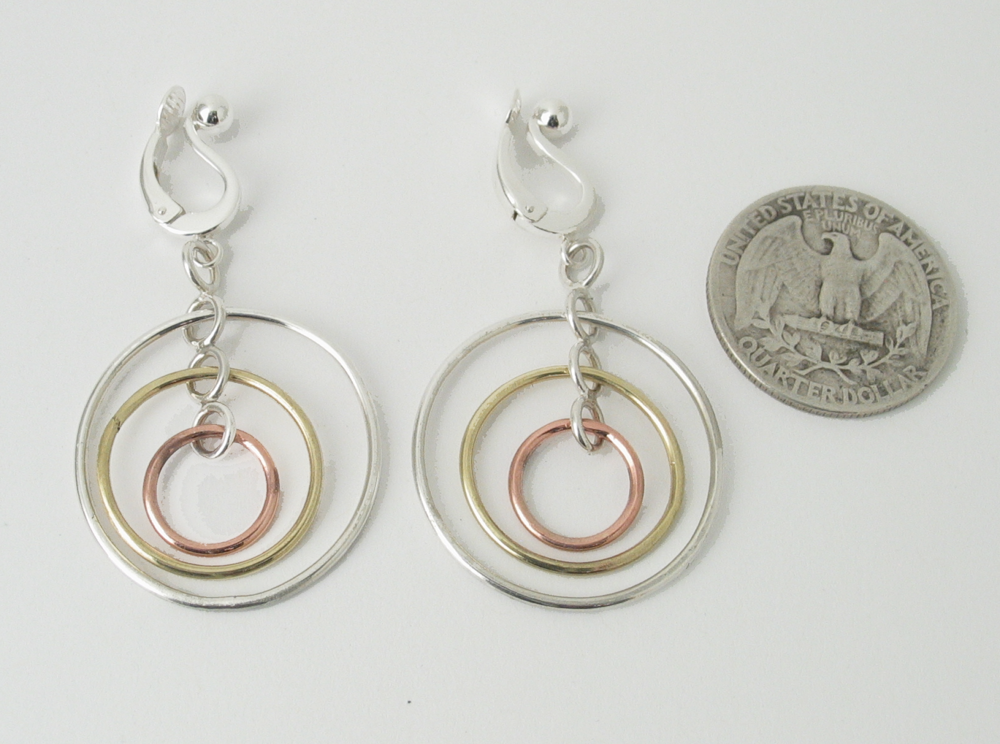 Elegant 925 Sterling Silver Clip On Earrings with Mixed Metal Hoops of Argentium 935 Sterling Silvder, Copper and Brass