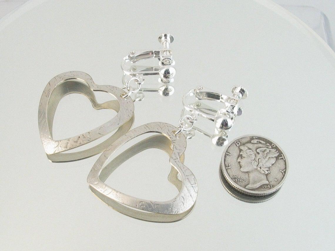 Silver Screw Back Non-pierced Clip-on Heart Earrings Upcycled from Vintage Silverplate Platter