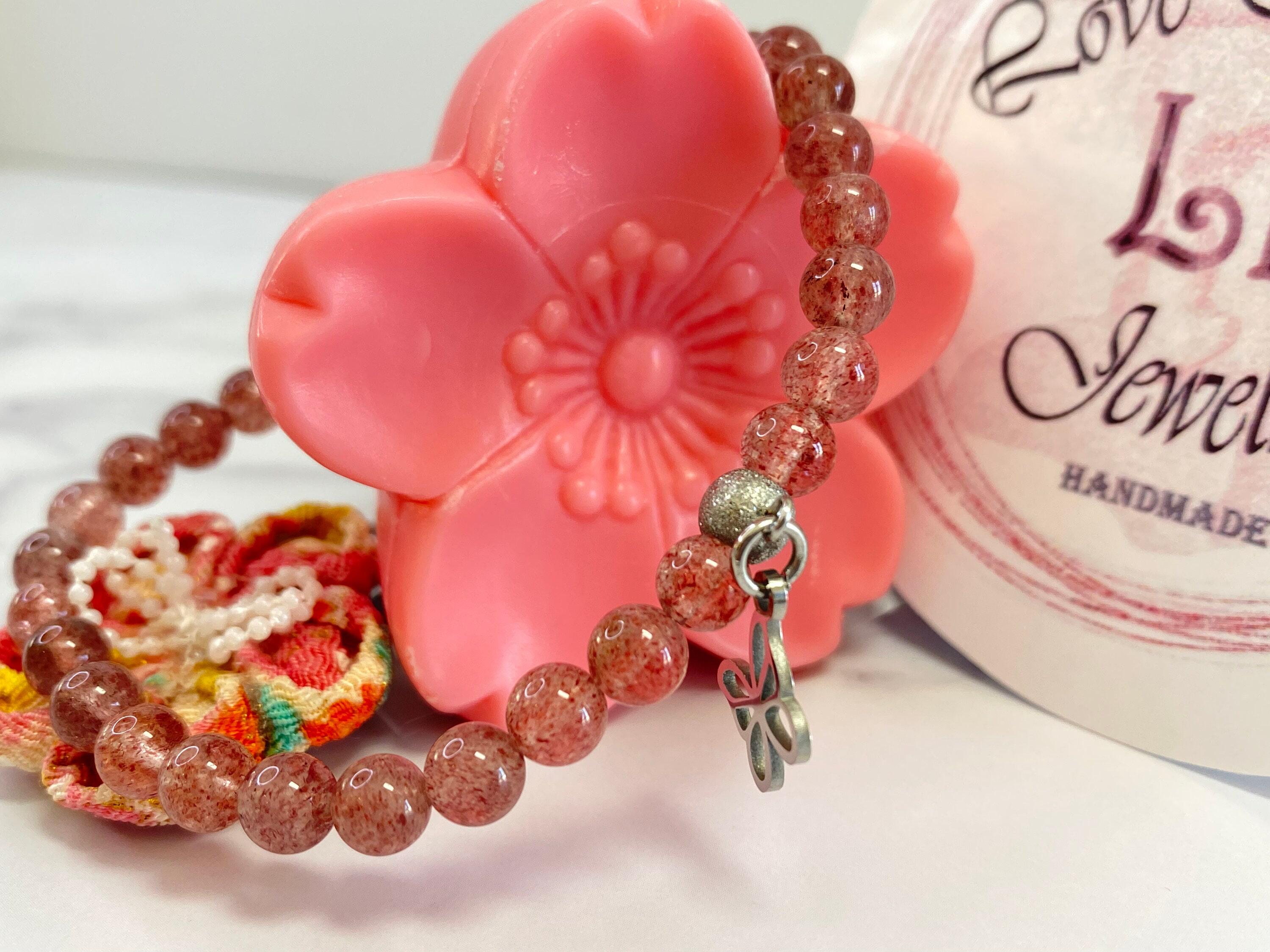 Garnet, Rose Quartz and Strawberry Quartz Bracelet (8mm Beads) Small - 6.5 / Silver
