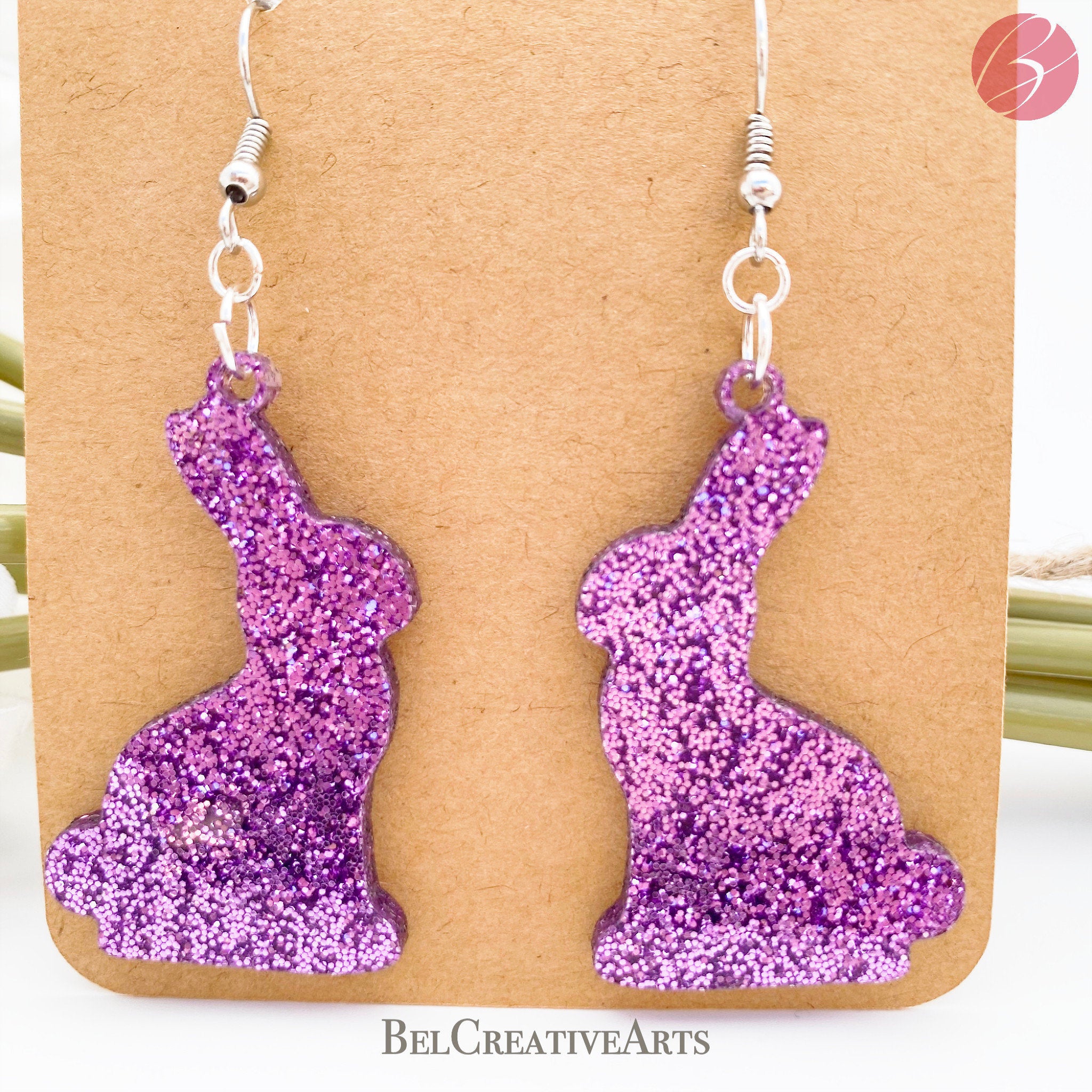 Lavender Glitter Bunny Rabbit Earrings Dangle Drop Style