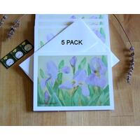 A 5 pack set of iris note cards including white envelopes.  Crated from my original watercolor painting.  All occasion art cards.
