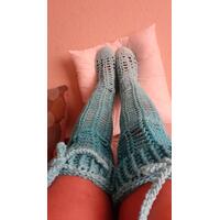 Blue crochet open-meshed thigh high socks with romanian cord to tie a bow   fits most sizes women's 7-9