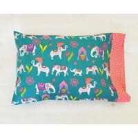 Organic cotton handmade pillowcase on jeweled toned fabric featuring elephants Organic cotton handmade pillowcase on jeweled toned fabric featuring elephants