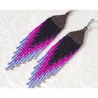 Long purple ombre seed bead fringe earrings. Long purple ombre seed bead fringe earrings.