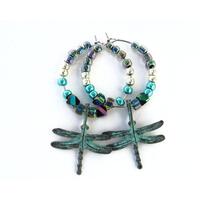Dragonfly wine glass charms, Dragonfly earrings, Blue patina dragonflies with beaded hoops