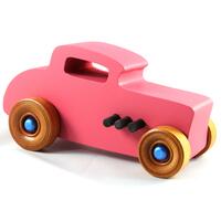 This is a handmade wooden Hot Rod '32 Deuce Coupe toy car. It is hand-painted hot pink with black and metallic sapphire blue trim. The hardwood wheels are finished with nonmarring amber shellac. This is a handmade wooden Hot Rod '32 Deuce Coupe toy car. It is hand-painted hot pink with black and metallic sapphire blue trim. The hardwood wheels are finished with nonmarring amber shellac.