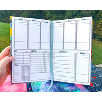 The week page of a symptom journal is shown. It has 6 boxes at the top and 1 below on the right, each is a day of the week. The boxes take up half the page vertically they have a line towards the bottom. Below on the left is a sleep, meds, and symptom tracker. Each has space for each day of the week. The med box has space 7 meds and 2 checkboxes per day. The symptom box has 10 slots. On the right is a what I ate box which is divided into writing slots for each day. The week page of a symptom journal is shown. It has 6 boxes at the top and 1 below on the right, each is a day of the week. The boxes take up half the page vertically they have a line towards the bottom. Below on the left is a sleep, meds, and symptom tracker. Each has space for each day of the week. The med box has space 7 meds and 2 checkboxes per day. The symptom box has 10 slots. On the right is a what I ate box which is divided into writing slots for each day.