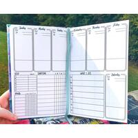 The week page of a symptom journal is shown. It has 6 boxes at the top and 1 below on the right, each is a day of the week. The boxes take up half the page vertically they have a line towards the bottom. Below on the left is a sleep, meds, and symptom tracker. Each has space for each day of the week. The med box has space 7 meds and 2 checkboxes per day. The symptom box has 10 slots. On the right is a what I ate box which is divided into writing slots for each day