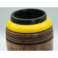 This vase with a golden ring is a nice amphora burned on the lines at the top, maximizing its color and beautiful wood. Oil Coated.