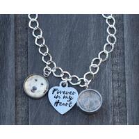 Silver link bracelet with three charms - round Golden Retriever dog photo, Forever in my Heart heart-shaped, and round hair locket.  Silver link bracelet with three charms - round Golden Retriever dog photo, Forever in my Heart heart-shaped, and round hair locket.