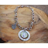 Dog photo charm link bracelet with Forever in my heart and paw print accent charms. Dog photo charm link bracelet with Forever in my heart and paw print accent charms.