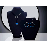 Valentines blue heart lariat necklace with matching long dangles earrings jewelry set. Valentines blue heart lariat necklace with matching long dangles earrings jewelry set.