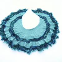 Handknit Ice Angel Wing Shawl in an Evenstar Lace Pattern for Newborn Photography and Nursery Decor 
Mint turquoise robins egg blue color yarn in the center knit in an ice field pattern bordered by a stripe of a variegated green, blue, and Robin's egg blue turquoise in a Chevron lace pattern, followed by another ice field lace section in mint turquoise Robin's egg blue, and finally a border of the variegated green, blue, and Robin's egg blue yarn knit in an Evenstar lace motif pattern with picot points around the edge. The shawl is a semicircular arc shape that ruffles around the edge. It measures 24" across. Handknit Ice Angel Wing Shawl in an Evenstar Lace Pattern for Newborn Photography and Nursery Decor 
Mint turquoise robins egg blue color yarn in the center knit in an ice field pattern bordered by a stripe of a variegated green, blue, and Robin's egg blue turquoise in a Chevron lace pattern, followed by another ice field lace section in mint turquoise Robin's egg blue, and finally a border of the variegated green, blue, and Robin's egg blue yarn knit in an Evenstar lace motif pattern with picot points around the edge. The shawl is a semicircular arc shape that ruffles around the edge. It measures 24" across.