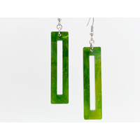 Sparkling green geometric dangle earrings, long rectangular style, boho chic fashion, silver-tone ear wires, handmade by Bel Creative Arts Sparkling green geometric dangle earrings, long rectangular style, boho chic fashion, silver-tone ear wires, handmade by Bel Creative Arts