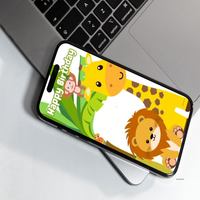 Monkey Swinging on Happy Birthday Text With Lion And Giraffe On Mobile Phone