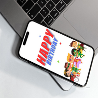 Red And Blue Comic Hoppy Birthday Text With Superhero Kids On Mobile Phone