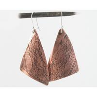 Handmade Large Copper Triangle Lace impressed lightweight Boho Earrings Handmade Large Copper Triangle Lace impressed lightweight Boho Earrings