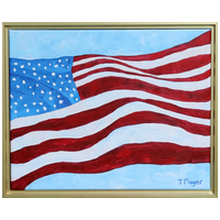 Colorful US Flag Art. This is an abstract flag that appears to be blowing in the wind. The flag is on a blue background and the art has a gold frame. Colorful US Flag Art. This is an abstract flag that appears to be blowing in the wind. The flag is on a blue background and the art has a gold frame.