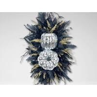 Handmade boho fall wreath with disco pumpkins, featuring dark green and gold foliage. Perfect for modern autumn door decor, 37”h x 24”w. Handmade boho fall wreath with disco pumpkins, featuring dark green and gold foliage. Perfect for modern autumn door decor, 37”h x 24”w.