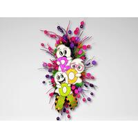 Handmade Halloween wreath with colorful ghost design and sparkly purple, green, and orange accents, perfect for your front door decor. Handmade Halloween wreath with colorful ghost design and sparkly purple, green, and orange accents, perfect for your front door decor.