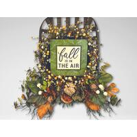 Rustic fall tobacco basket wreath with berries, greenery, and a 'Fall Is In The Air' sign. Perfect for farmhouse autumn door decor. Rustic fall tobacco basket wreath with berries, greenery, and a 'Fall Is In The Air' sign. Perfect for farmhouse autumn door decor.