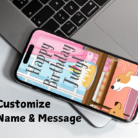 Three dogs at the dining table sniffing a birthday cake with a personalized happy birthday message on a cellphone