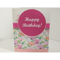 Pink, center with happy birthday letters in white, Garden flowers around the background. Light, pink trim on the bottom. The inside is white