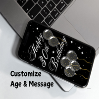 clear balloons with gold and silver specs, personalized happy birthday message with 30 (age) in white text against a white starry black background on a cellphone
