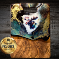 Handcrafted teak cheese and charcuterie board with original resin moose artwork and 24k gold accents.