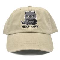 'Hiss Off' embroidered cat baseball cap. Comfortable khaki cotton design with grumpy cat motif - purrfect for cat lovers! Shop now  'Hiss Off' embroidered cat baseball cap. Comfortable khaki cotton design with grumpy cat motif - purrfect for cat lovers! Shop now