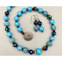 Necklace set | Vintage Japanese turquoise-blue rounds, multi-colored lampwork rounds, faux-turquoise melon beads Necklace set | Vintage Japanese turquoise-blue rounds, multi-colored lampwork rounds, faux-turquoise melon beads