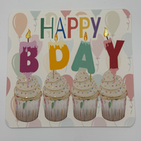 Birthday card with watercolor cupcakes accented with shiny paints on balloon background, candles say happy bday
