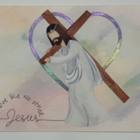 Watercolor background with watercolor Jesus carrying wooden cross wrapped with heart, heart accented in chrome paints Watercolor background with watercolor Jesus carrying wooden cross wrapped with heart, heart accented in chrome paints