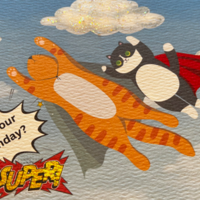 Superhero birthday card with a twist, featuring two cats flying with capes  Superhero birthday card with a twist, featuring two cats flying with capes