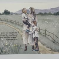 Mother’s Day card featuring scripture with mother in field holding 2 children boy and girl surrounded by yellow flowers and wooden fence Mother’s Day card featuring scripture with mother in field holding 2 children boy and girl surrounded by yellow flowers and wooden fence